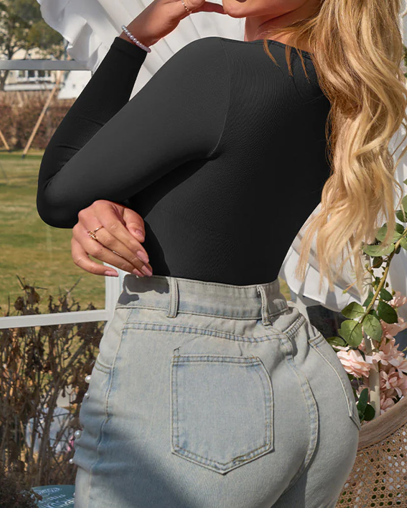 Body de Cuello Cuadrado con Manga Larga