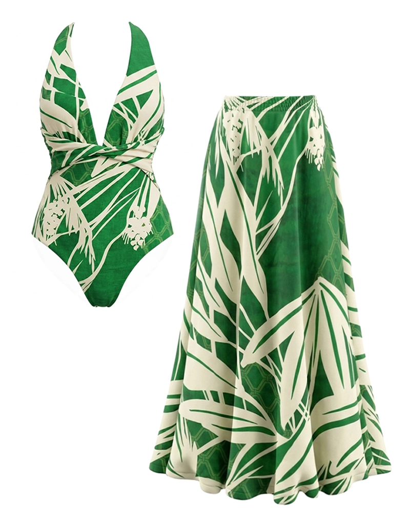Conjunto de Baño Elegante en Verde con Estampado Botánico