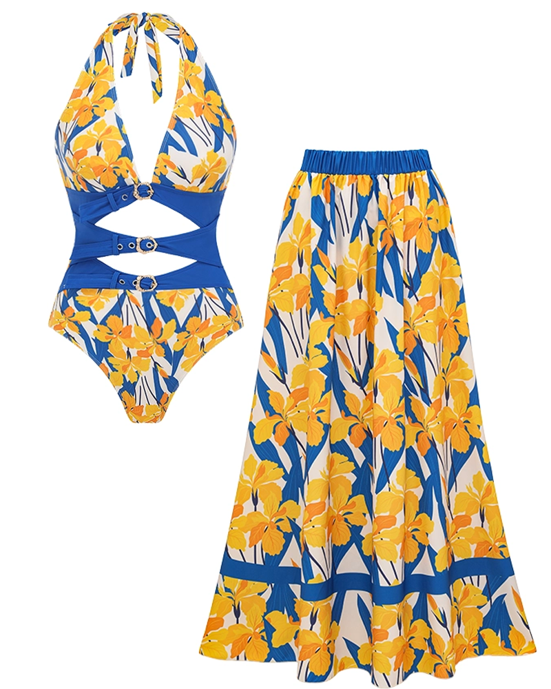 Conjunto de bikini con detalles de recortes y estampado de iris