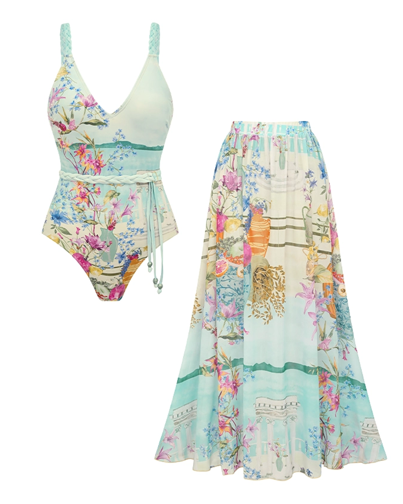 Elegante Conjunto de Traje de Baño con Escote en V y Estampado