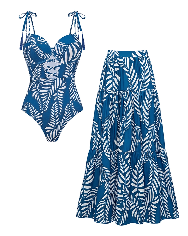 Conjunto de Baño con Estampado de Hojas y Borlas Azules