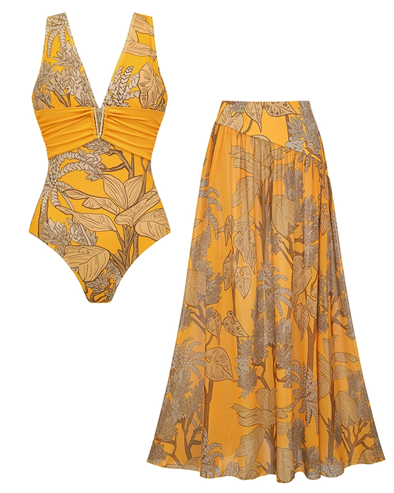 Conjunto de Baño Amarillo con Estampado de Plantas y Escote en V
