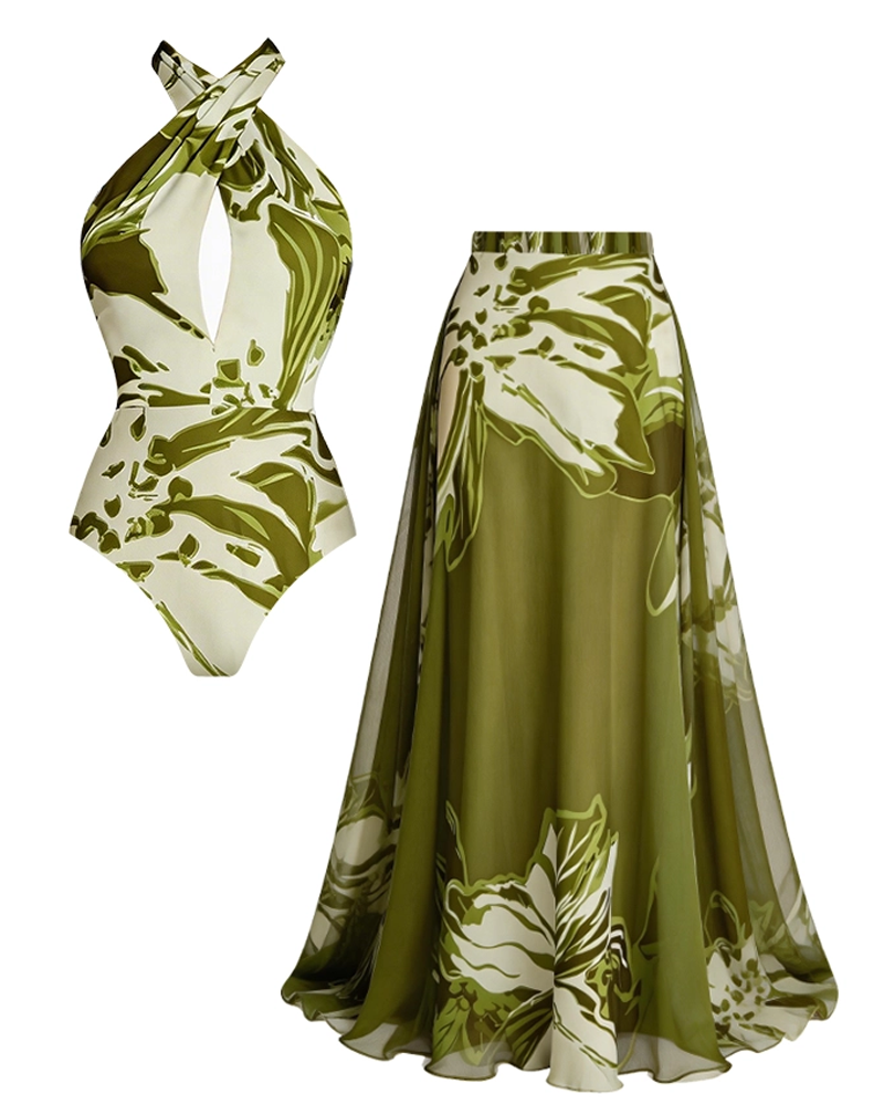 Conjunto de Baño Halter en Verde y Blanco