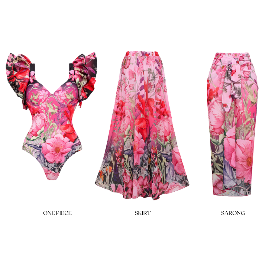 Traje de Baño de Una Pieza con Estampado Floral Arrugado y Sarong