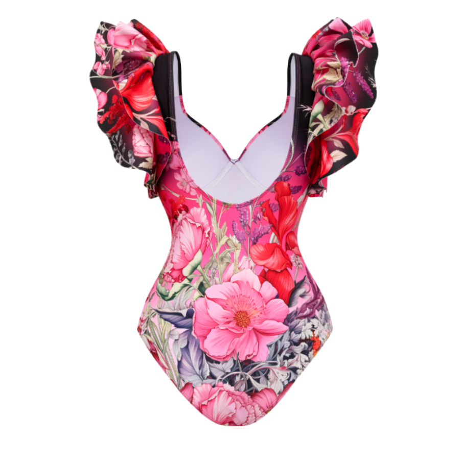 Traje de Baño de Una Pieza con Estampado Floral Arrugado y Sarong