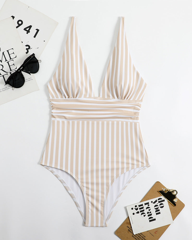 Traje de Baño de Rayas con Escote Profundo