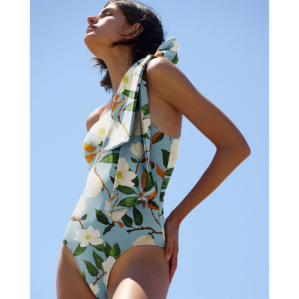 Bañador de Una Manga con Estampado de Magnolia y Falda