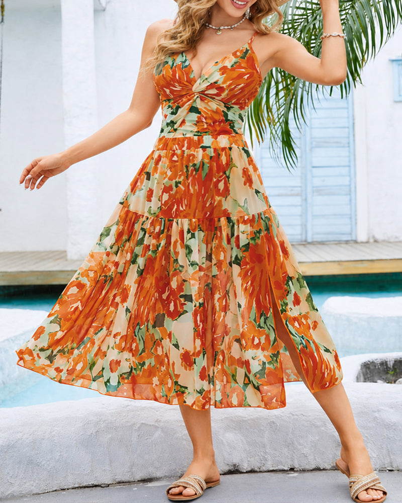 Conjunto de Baño de Una Pieza con Estampado Floral y Falda Larga