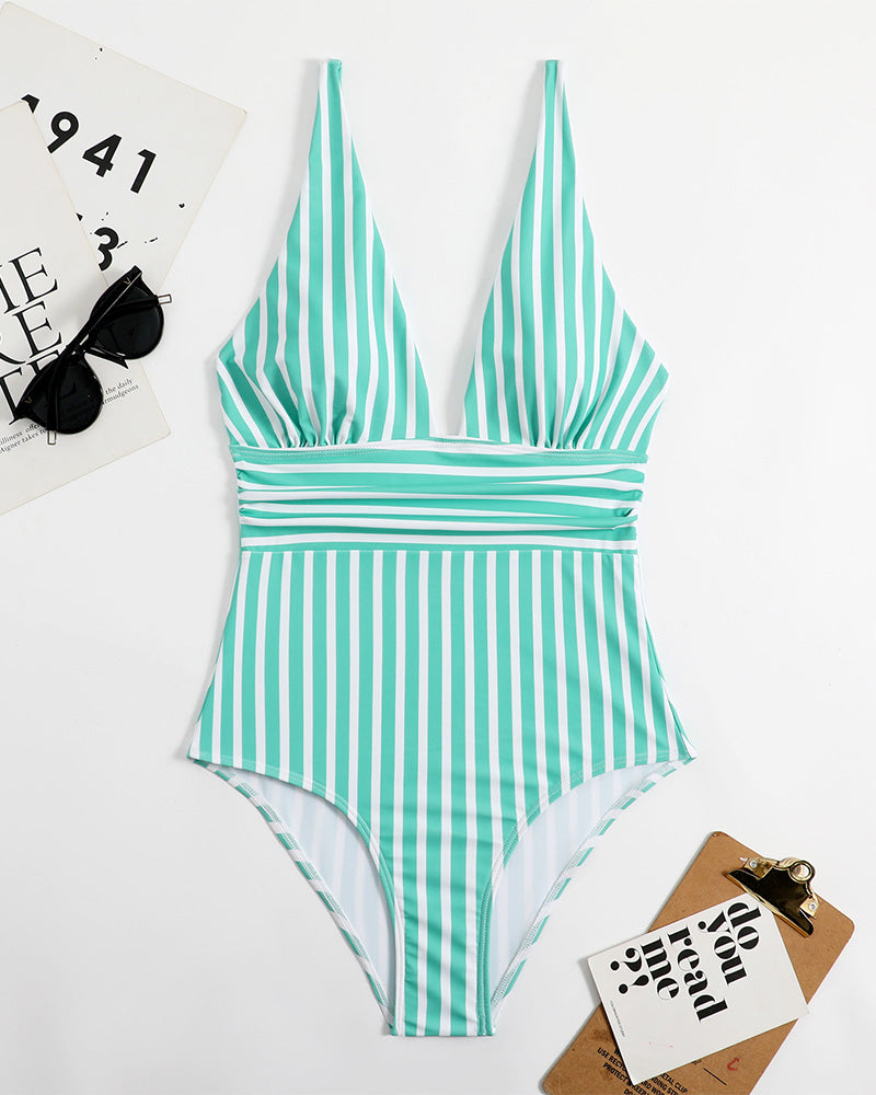 Traje de Baño de Rayas con Escote Profundo