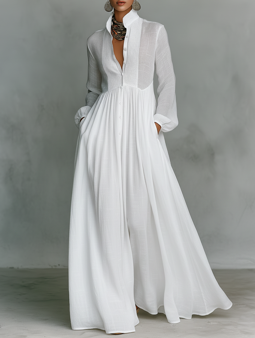 Maria | Vestido maxi minimalista de algodón y lino con cuello alto y manga larga