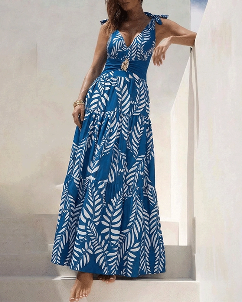 Conjunto de Baño con Estampado de Hojas y Borlas Azules