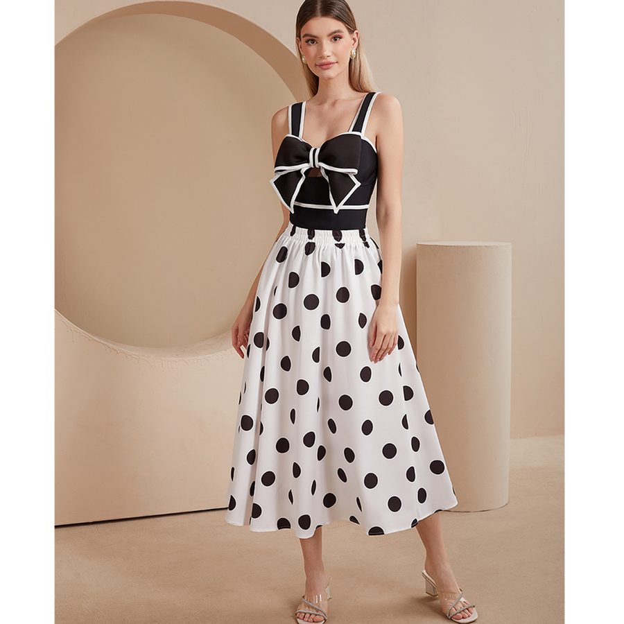 Traje de Baño de Una Pieza con Falda y Lazo en Blanco y Negro