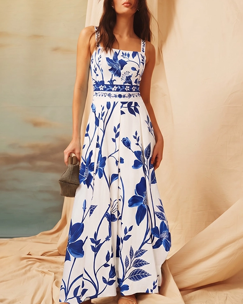 Conjunto de Bañador con Tirantes Ajustables en Diseño Floral Azul y Blanco