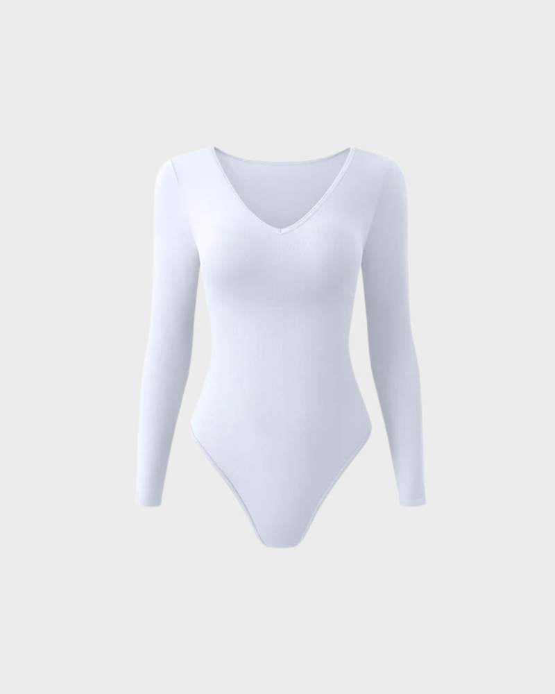 Floralshe® Body Acanalado Sexy de Manga Larga con Cuello en V