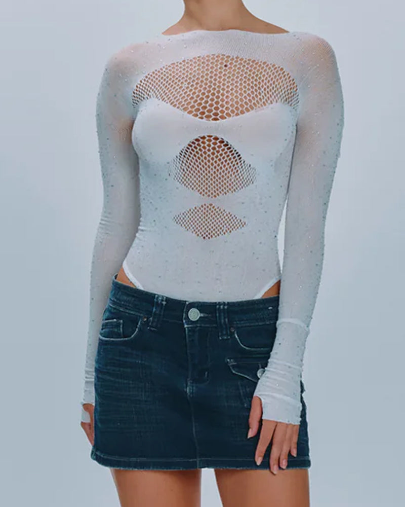 Body de Malla Brillante con Cuello Redondo y Manga Larga