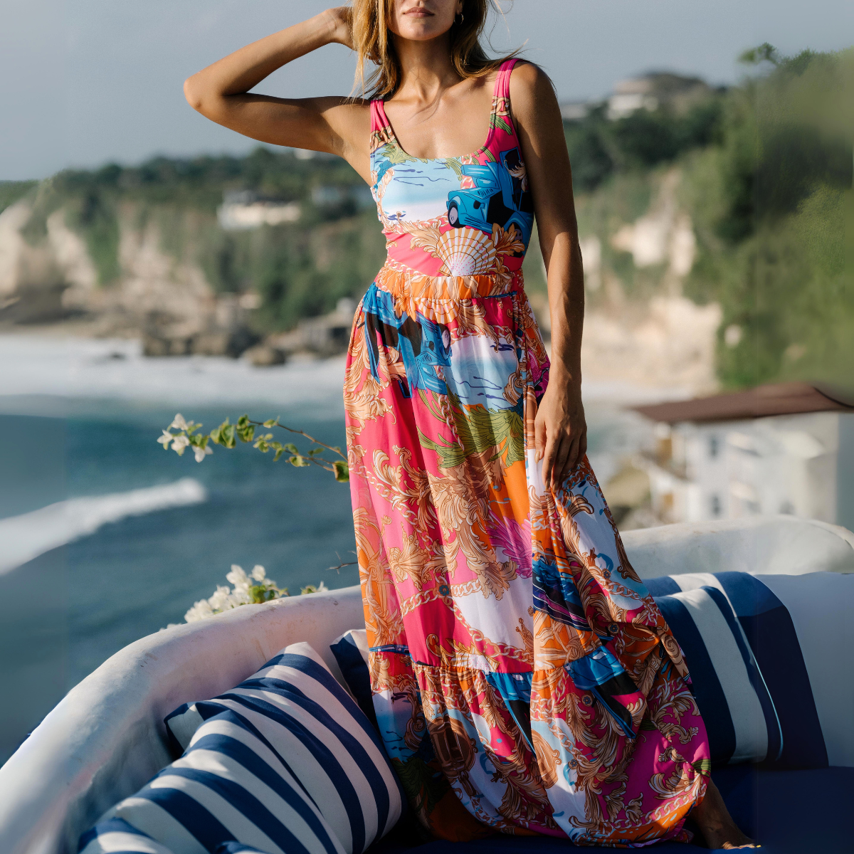 Conjunto de Baño de Una Pieza con Estampado de Concha y Sarong/Falda