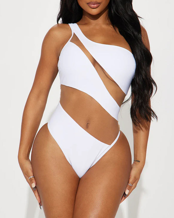 Bañador de Una Pieza Sexy con Malla Transparente y Diseño Colorblock sin Hombros para Vacaciones Playeras