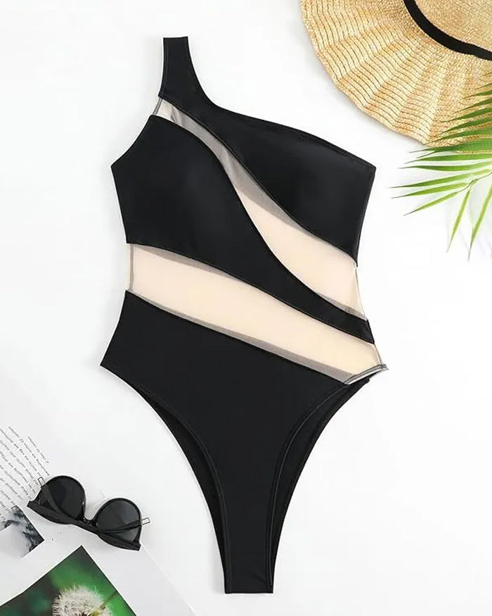 Bañador de Una Pieza Sexy con Malla Transparente y Diseño Colorblock sin Hombros para Vacaciones Playeras