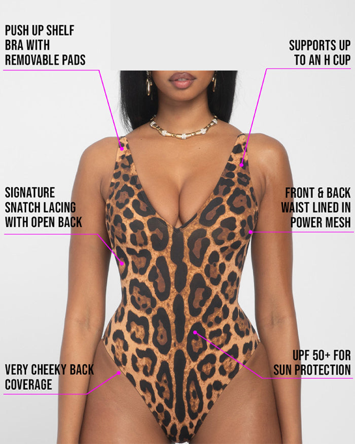 Bañador de Una Pieza con Estampado de Leopardo y Escote en V para Mujeres con Cintura Ajustable