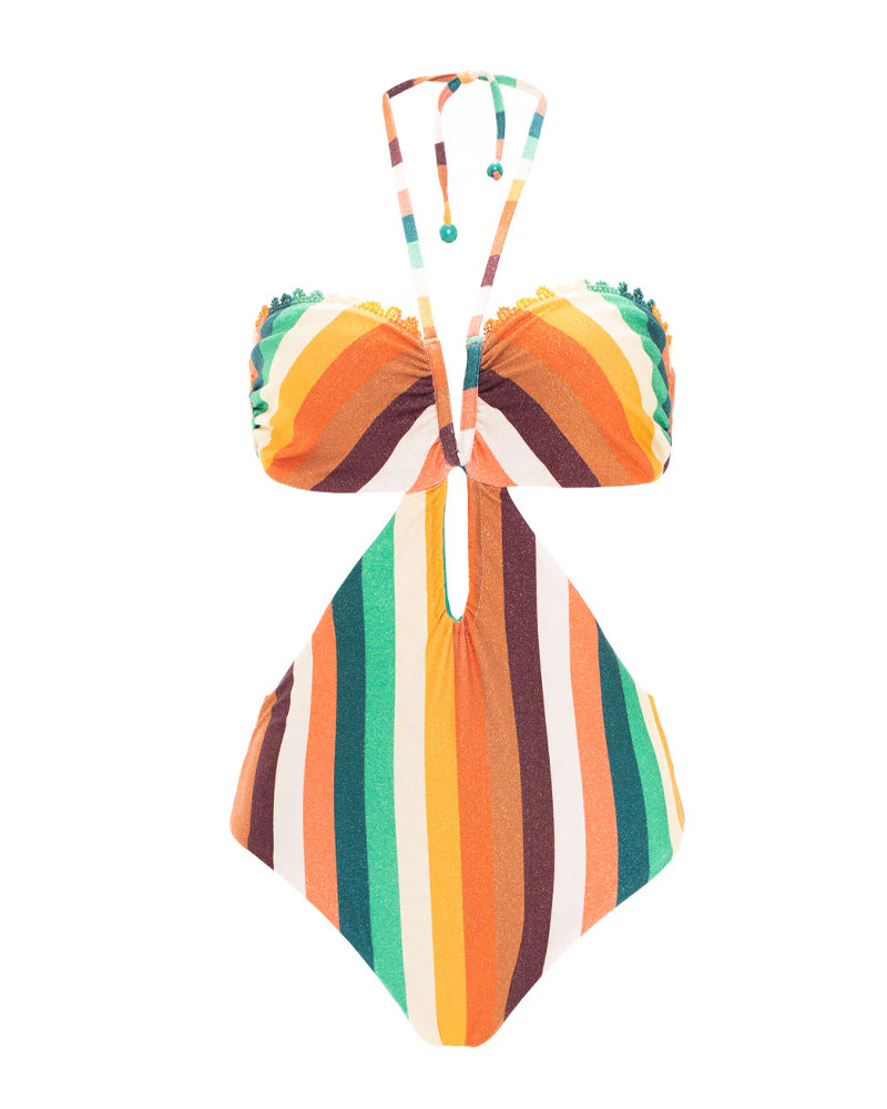 Bañador de Una Pieza Rayas Colorblock con Cuello Halter y Diseño Sin Espalda para Vacaciones en la Playa
