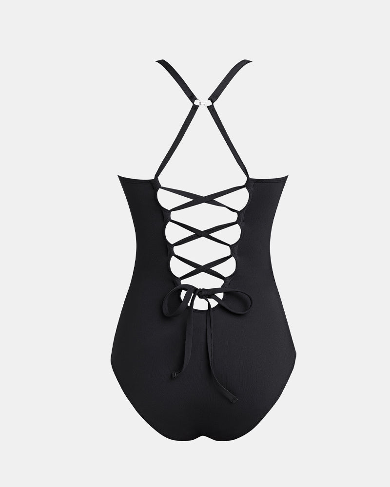 Traje de Baño de Una Pieza con Escote en V Profundo, Control de Abdomen y Tirantes Ajustables