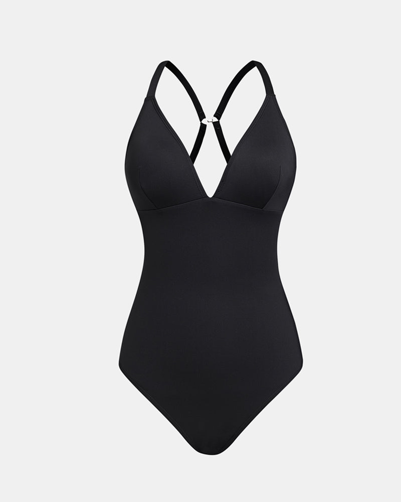Traje de Baño de Una Pieza con Escote en V Profundo, Control de Abdomen y Tirantes Ajustables