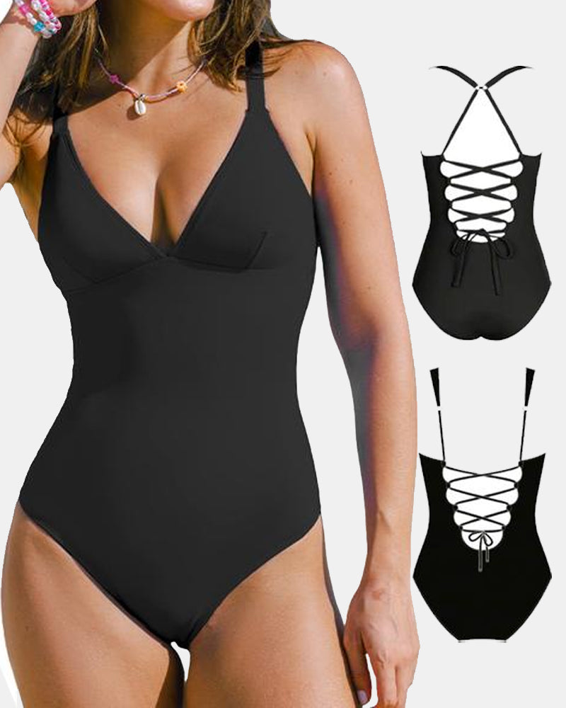 Traje de Baño de Una Pieza con Escote en V Profundo, Control de Abdomen y Tirantes Ajustables