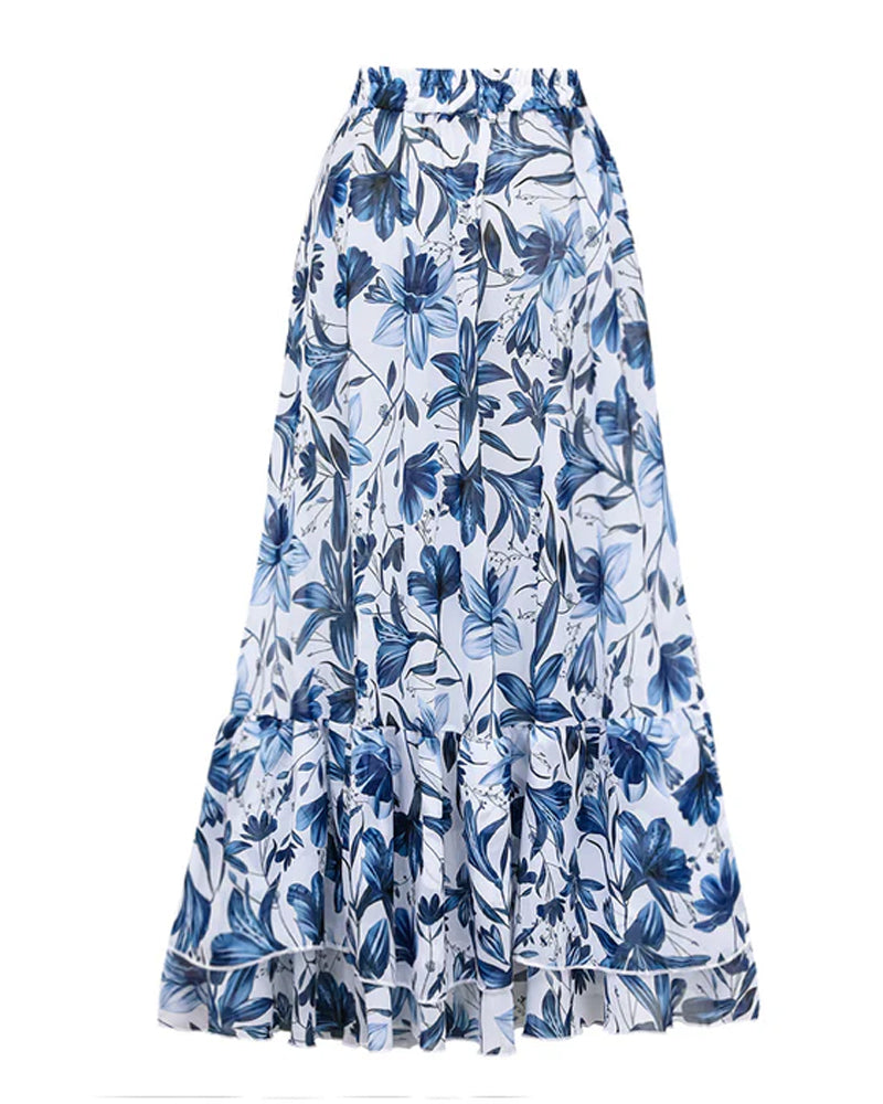 Maillot Floral Retro con Falda y Detalles de Cordones en V