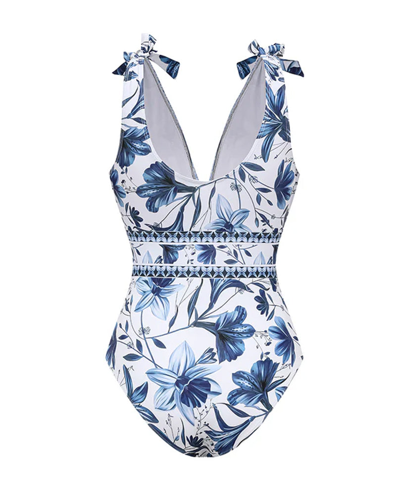 Maillot Floral Retro con Falda y Detalles de Cordones en V