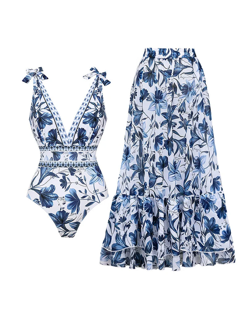 Maillot Floral Retro con Falda y Detalles de Cordones en V
