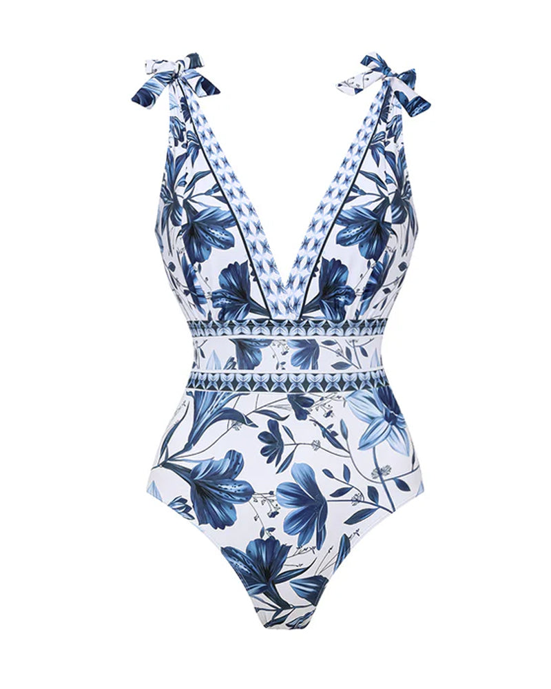 Maillot Floral Retro con Falda y Detalles de Cordones en V