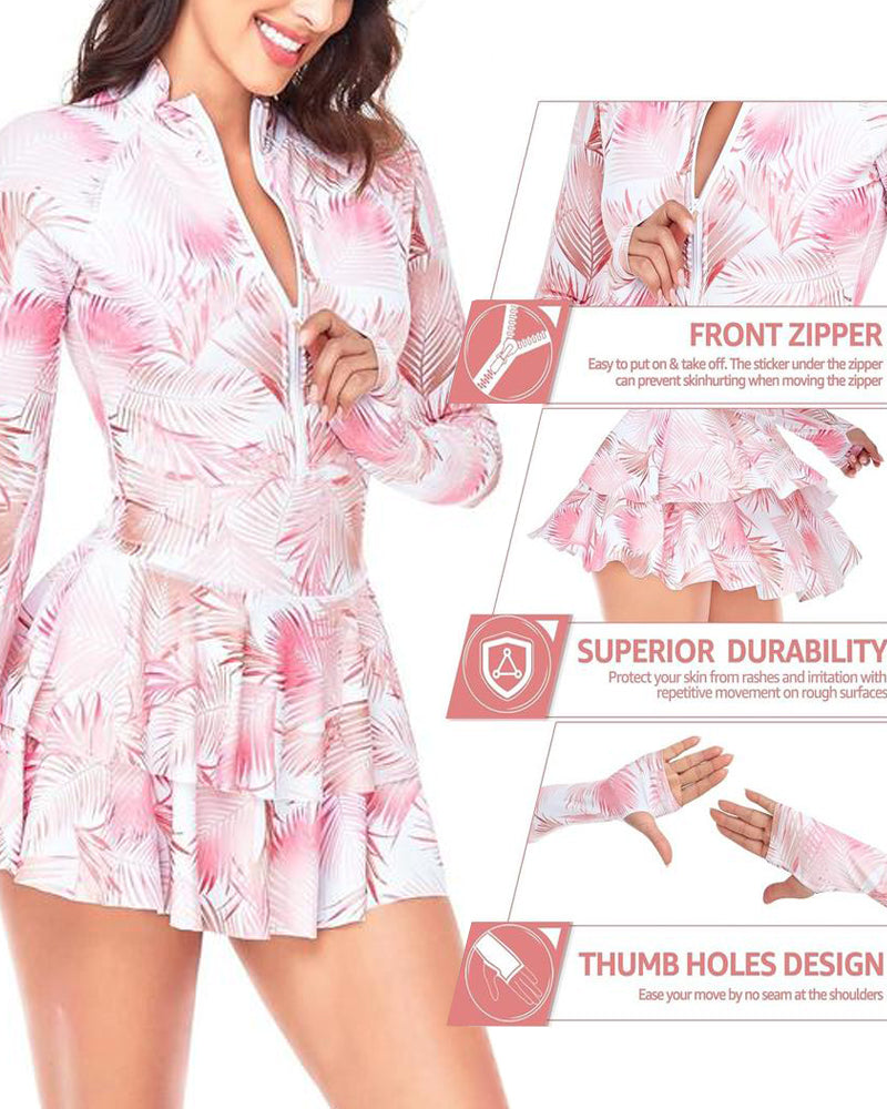 Traje de Baño de Una Pieza con Estampado de Vacaciones en la Playa, Falda Rizada y Manga Larga, UPF 50+