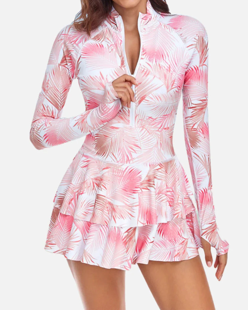 Traje de Baño de Una Pieza con Estampado de Vacaciones en la Playa, Falda Rizada y Manga Larga, UPF 50+
