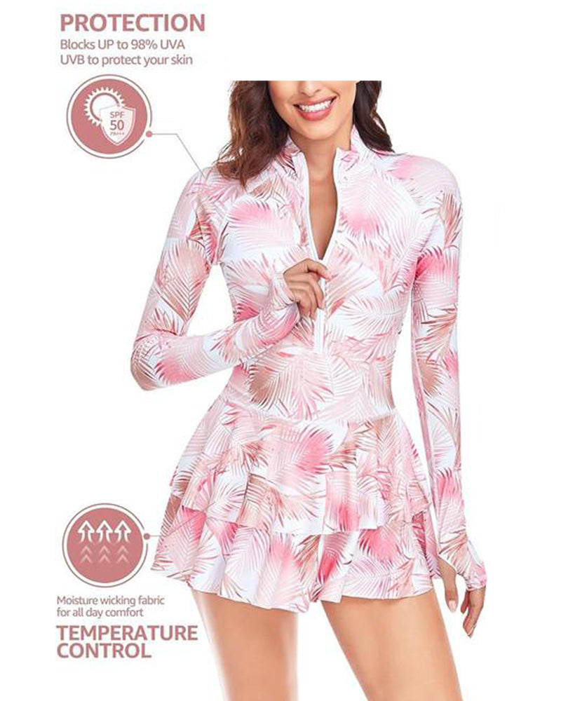 Traje de Baño de Una Pieza con Estampado de Vacaciones en la Playa, Falda Rizada y Manga Larga, UPF 50+