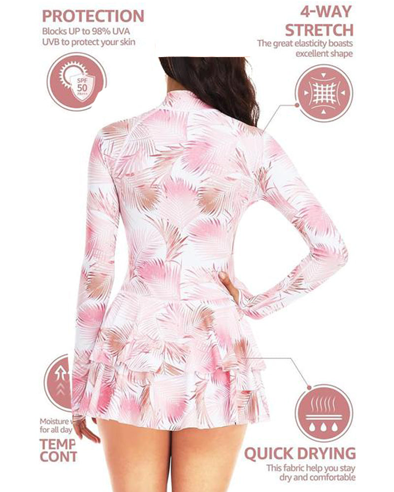 Traje de Baño de Una Pieza con Estampado de Vacaciones en la Playa, Falda Rizada y Manga Larga, UPF 50+
