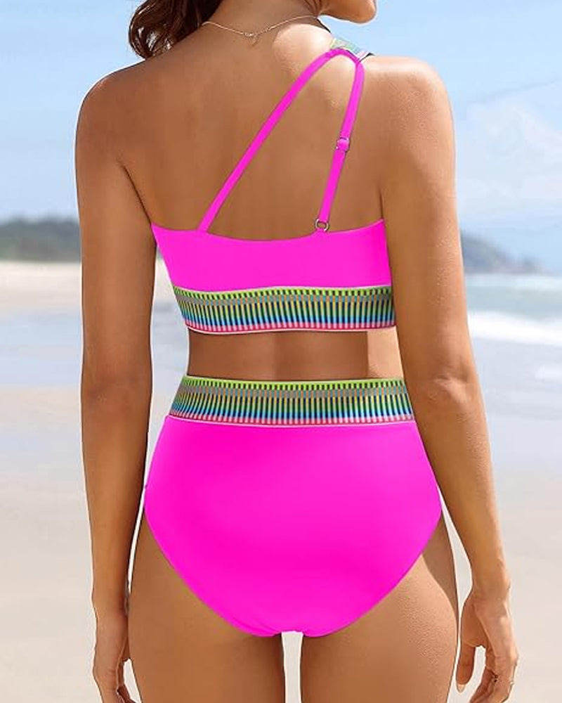 Conjunto de Bikini de Cintura Alta con Diseño a un Hombro para Mujeres