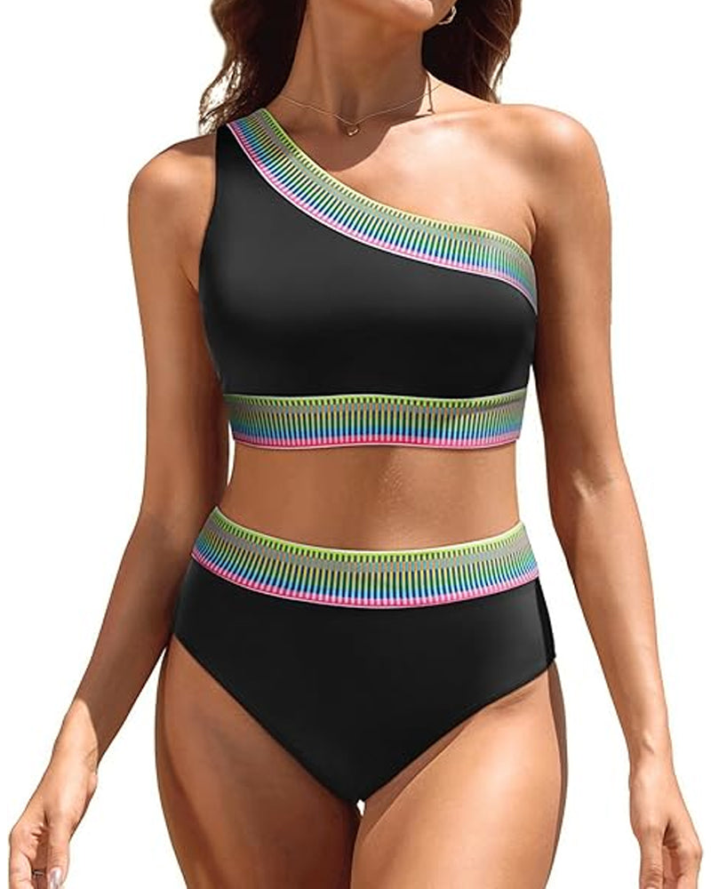 Conjunto de Bikini de Cintura Alta con Diseño a un Hombro para Mujeres