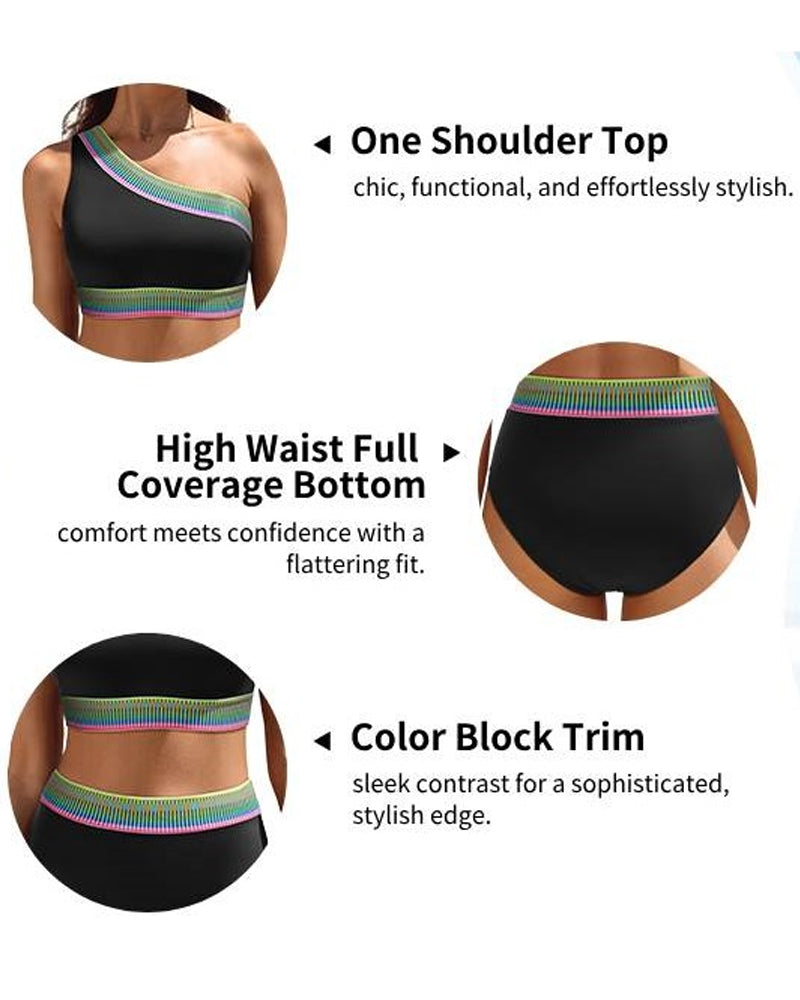 Conjunto de Bikini de Cintura Alta con Diseño a un Hombro para Mujeres