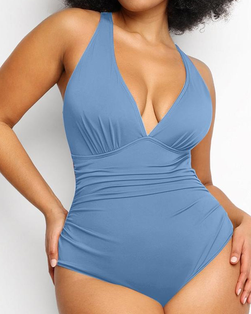Sexy Traje de Baño de Una Pieza en Color Sólido con Corte Profundo en V para Vacaciones en la Playa