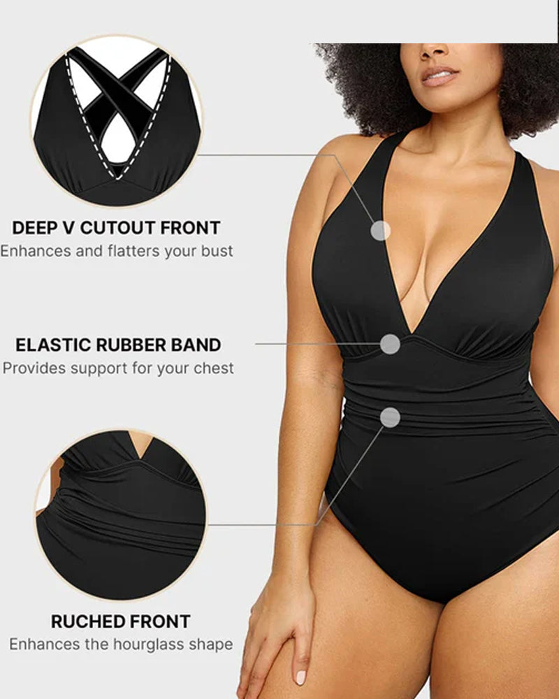 Sexy Traje de Baño de Una Pieza en Color Sólido con Corte Profundo en V para Vacaciones en la Playa