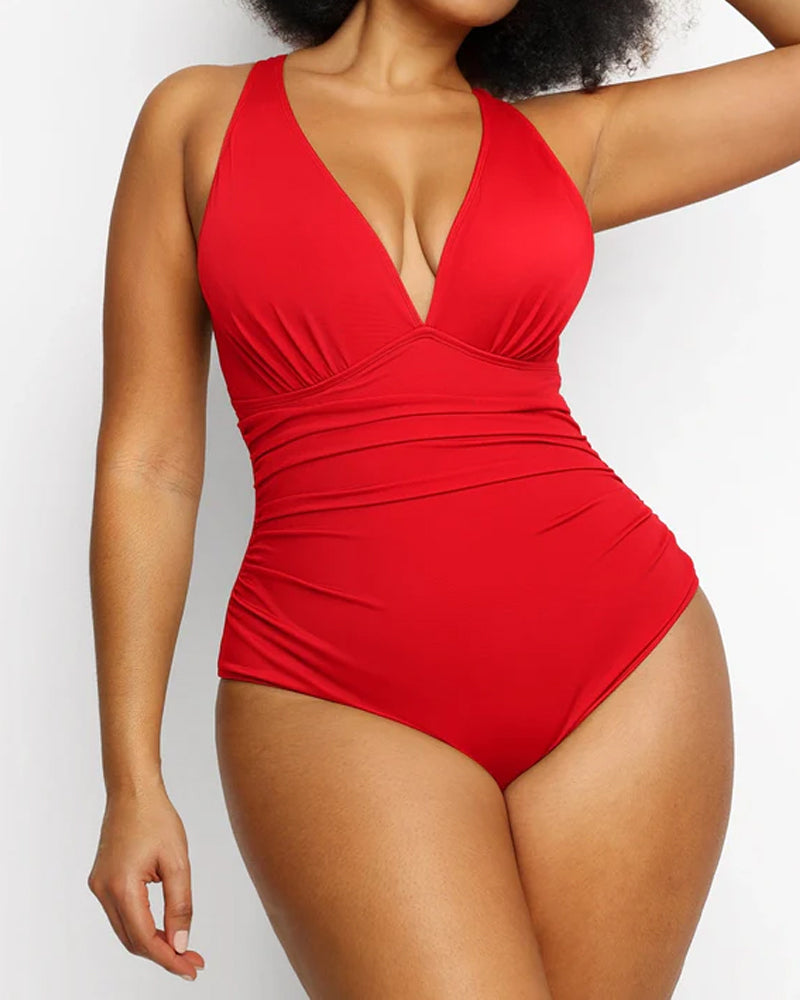 Sexy Traje de Baño de Una Pieza en Color Sólido con Corte Profundo en V para Vacaciones en la Playa
