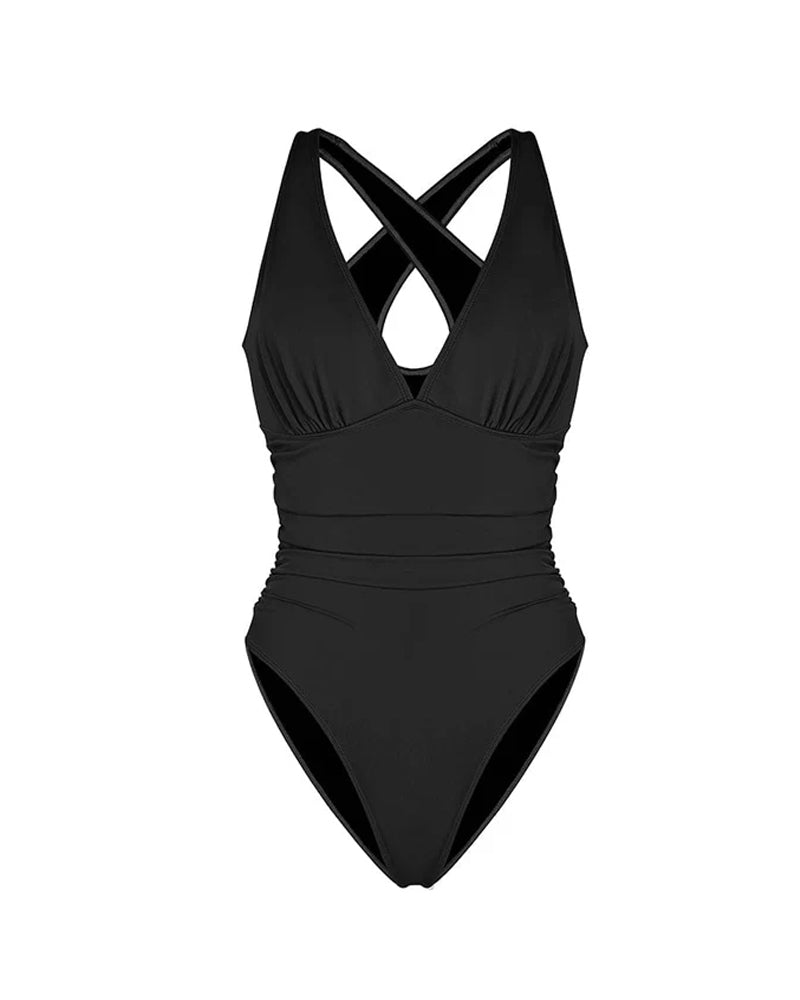 Sexy Traje de Baño de Una Pieza en Color Sólido con Corte Profundo en V para Vacaciones en la Playa