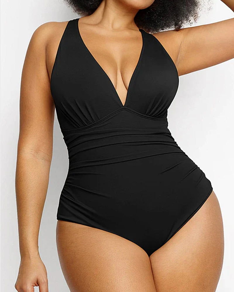 Sexy Traje de Baño de Una Pieza en Color Sólido con Corte Profundo en V para Vacaciones en la Playa