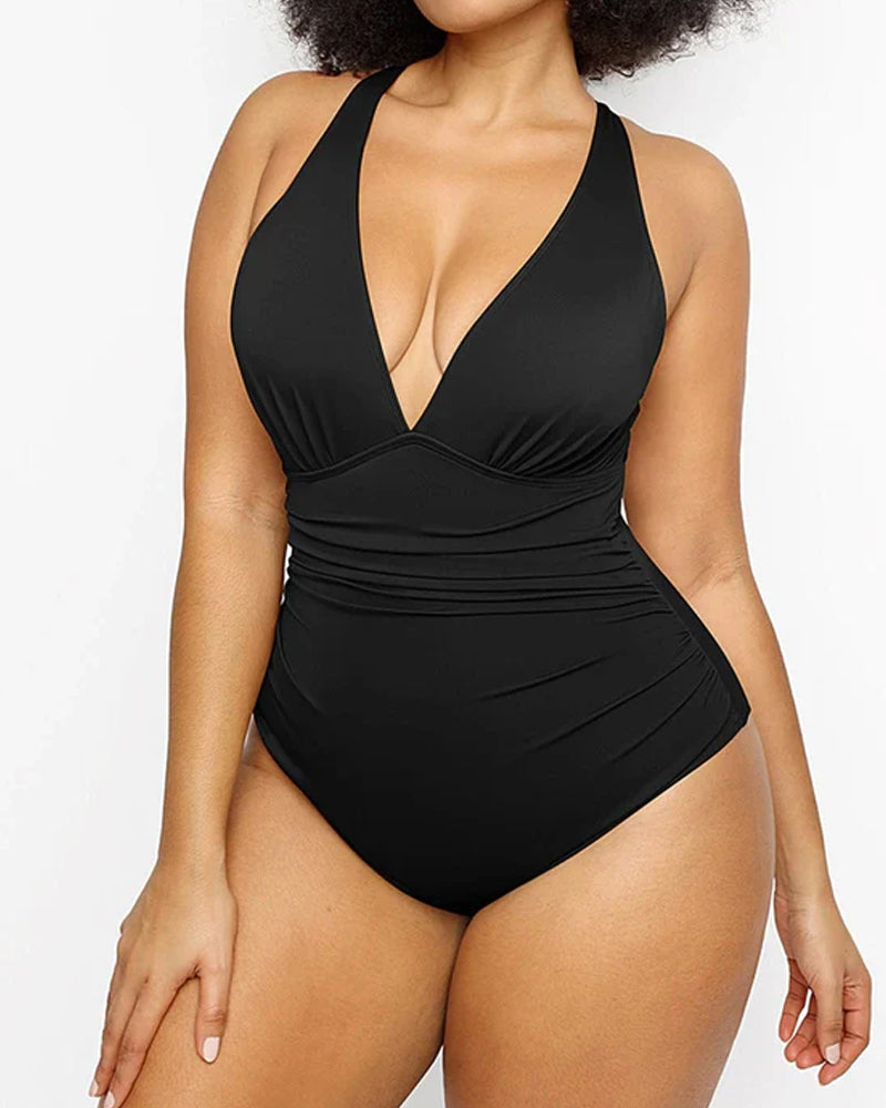 Sexy Traje de Baño de Una Pieza en Color Sólido con Corte Profundo en V para Vacaciones en la Playa