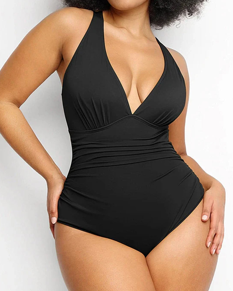 Sexy Traje de Baño de Una Pieza en Color Sólido con Corte Profundo en V para Vacaciones en la Playa