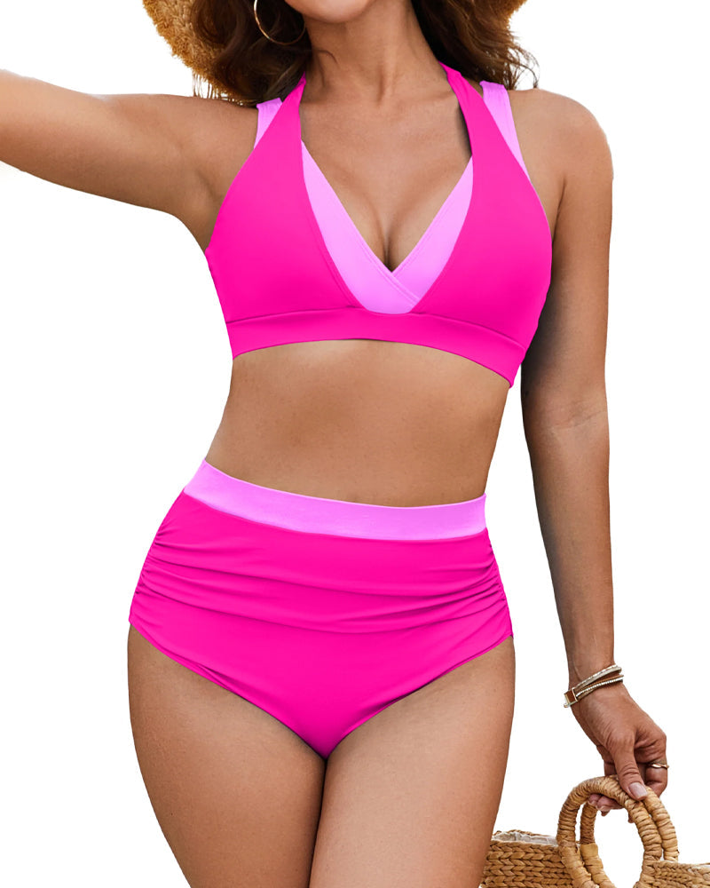 Conjunto de Bikini de Cintura Alta con Control de Barriga y Diseño a Rayas para Vacaciones en la Playa