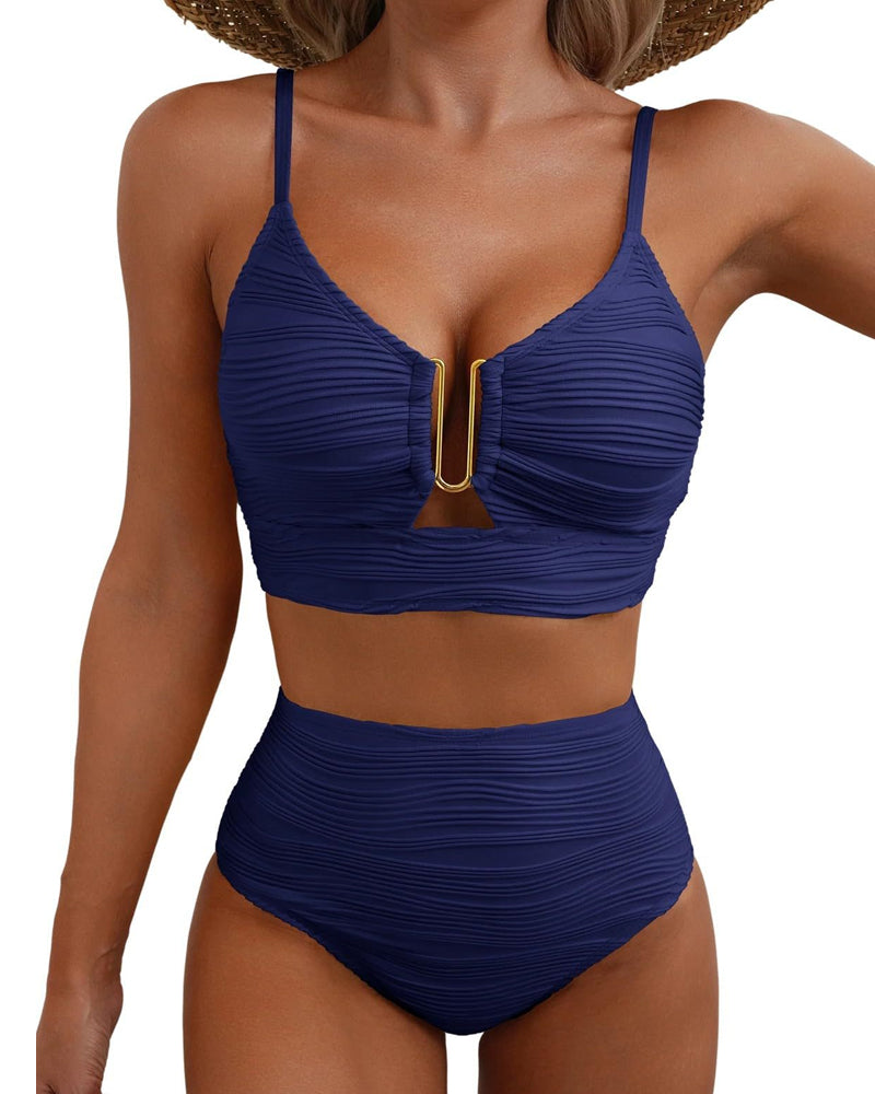 Conjunto de Bikini Texturizado de Cintura Alta con Aros en U