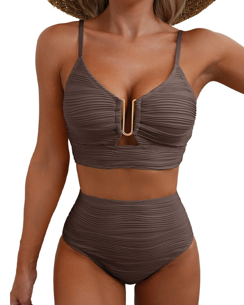 Conjunto de Bikini Texturizado de Cintura Alta con Aros en U