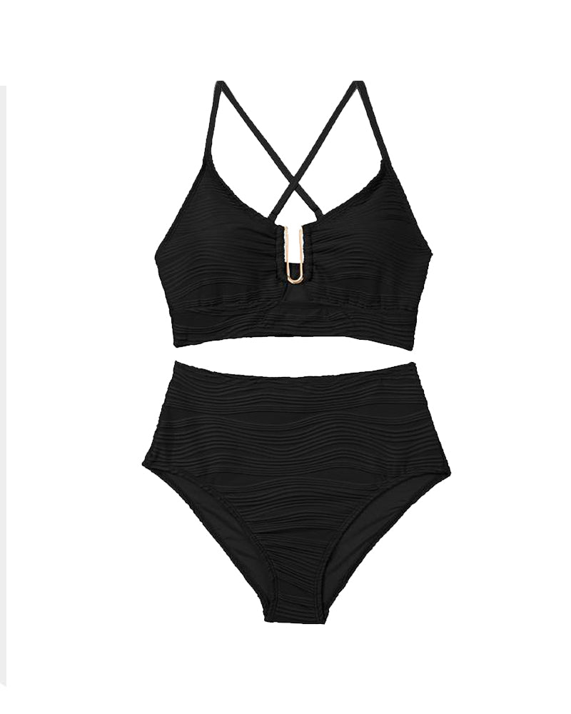 Conjunto de Bikini Texturizado de Cintura Alta con Aros en U