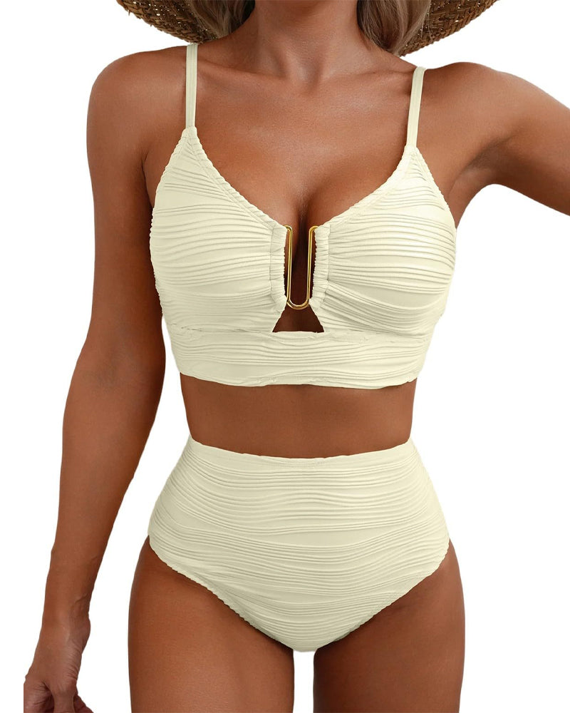 Conjunto de Bikini Texturizado de Cintura Alta con Aros en U
